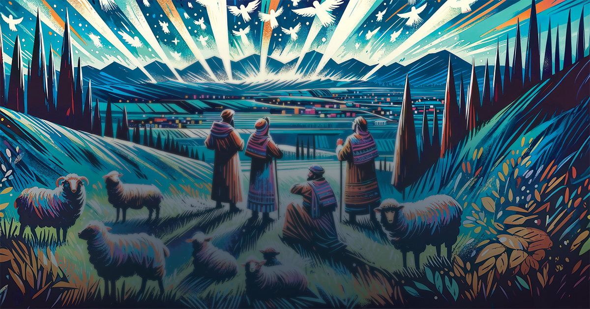 Shepherds and sheep looking at angels in the sky